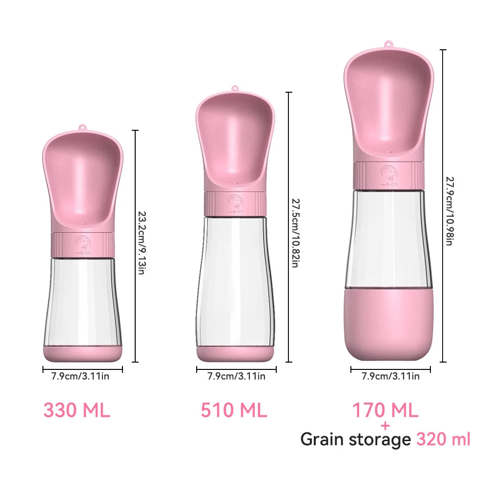 Portable Hundetrinkflasche in drei Größen: 330ml, 510ml und 170ml+320ml Kombi-Set mit Maßangaben