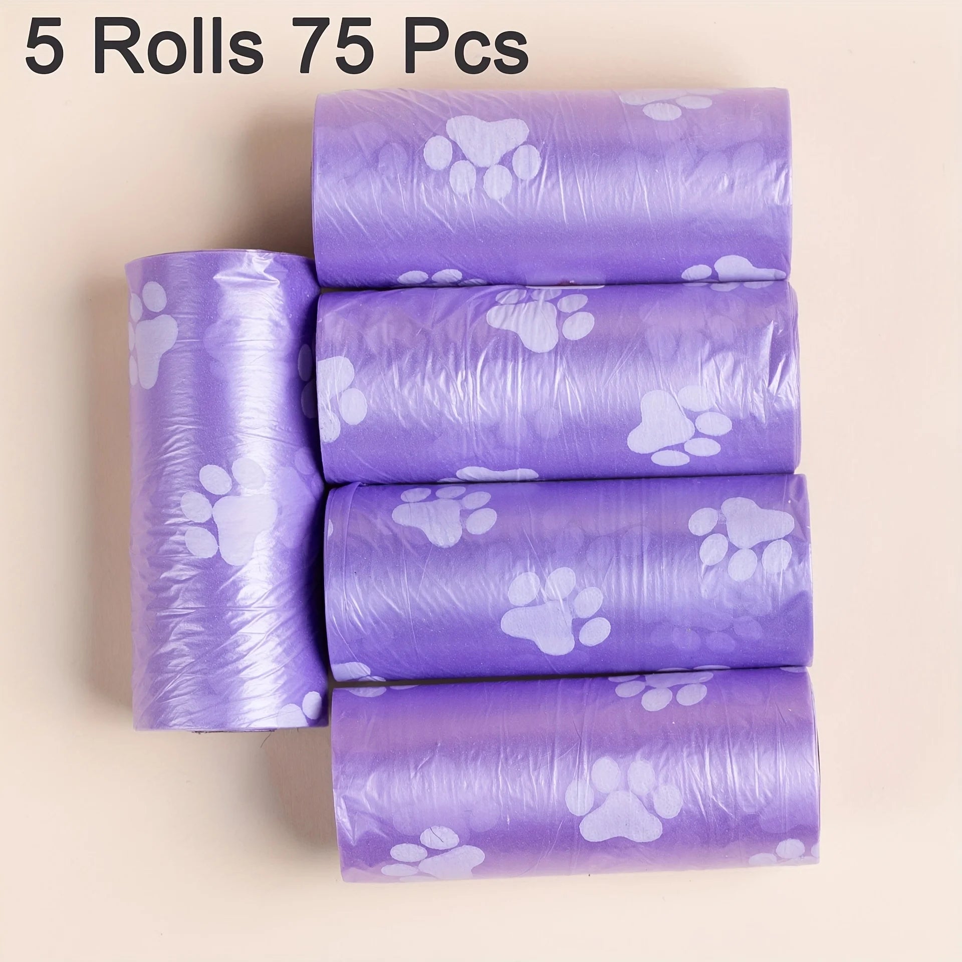 Lila Hundekotbeutel mit Pfotenmuster – 75 Stück, 5 Rollen, Easy-Tear-Design