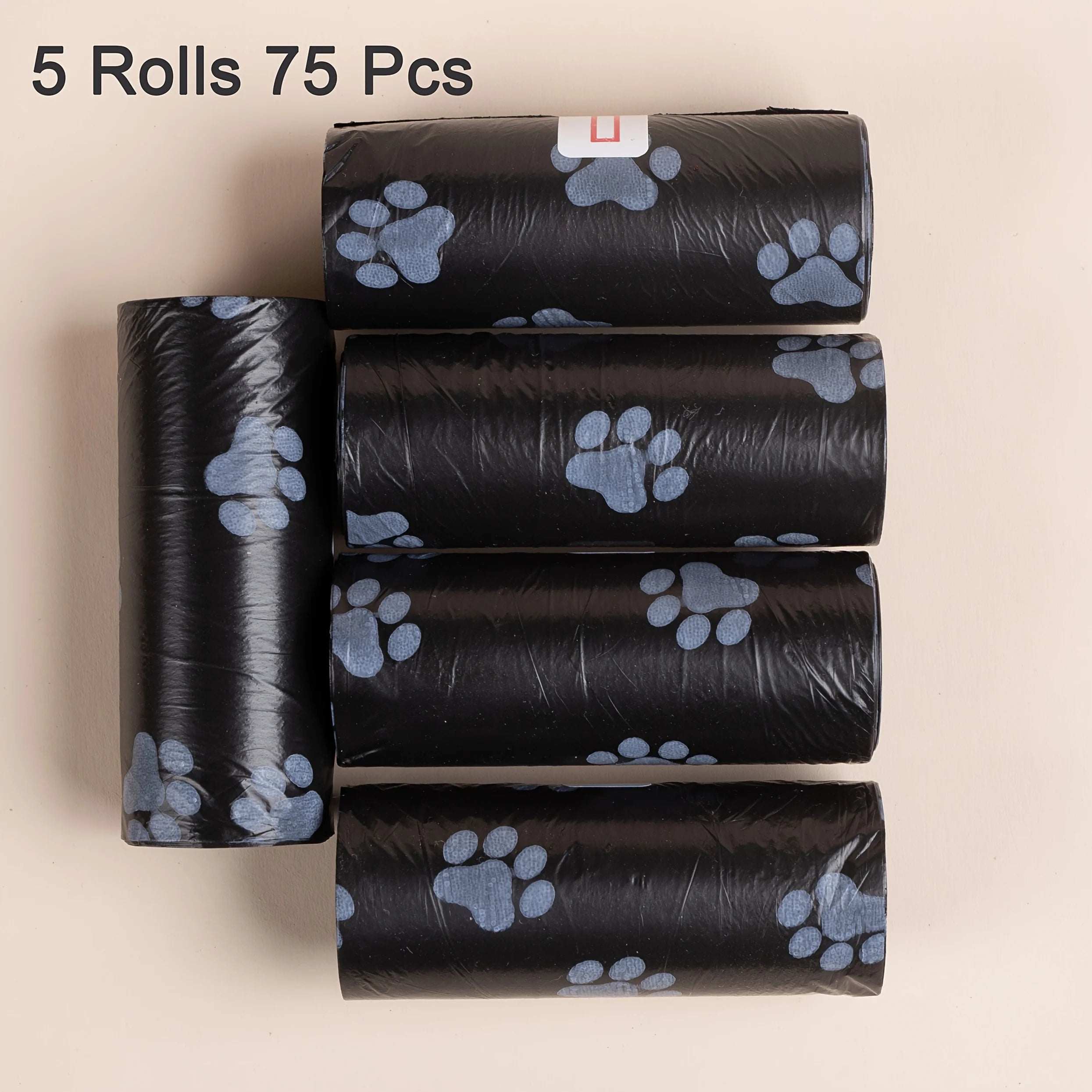 Schwarze Hundekotbeutel mit Pfotenmuster – 75 Stück, 5 Rollen, Polyethylen
